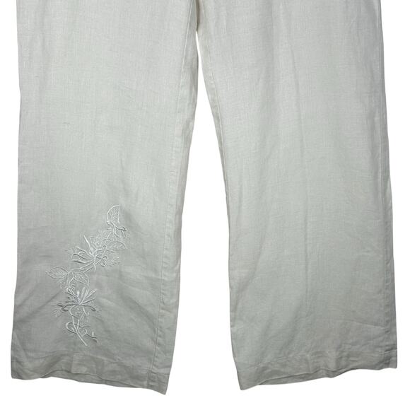 Whitewash Linen Trouser Pants Womens 8 Cream Ivory Wide Leg Embroidered Floral - Picture 3 of 7